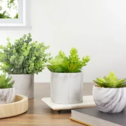 Northlight 6.5" Green Artificial Succulent Arrangement In Faux Marble Pot