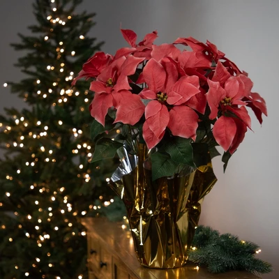 Northlight 20" Dark Pink Artificial Christmas Poinsettia With Gold Wrapped Base 3 Northlight 20" Dark Pink Artificial Christmas Poinsettia With Gold Wrapped Base