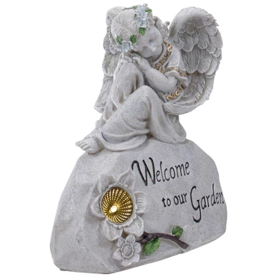 Northlight 9.25" Gray Solar Powered "Welcome To Our Garden" Angel Outdoor Garden Statue 4 Northlight 9.25" Gray Solar Powered "Welcome To Our Garden" Angel Outdoor Garden Statue - Image 2